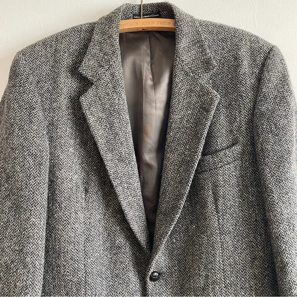 Vintage Harris Tweed Jacket Wool Tweed Grey Herringbone Blazer 42 Long/Tall - Picture 2 of 14